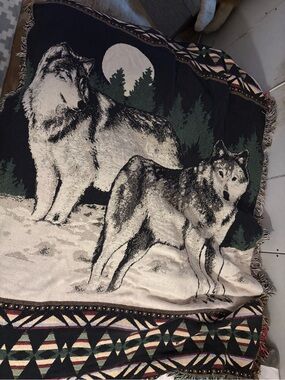 Wolves Scenic Afghan Woven Throw Blanket in Black and Cream